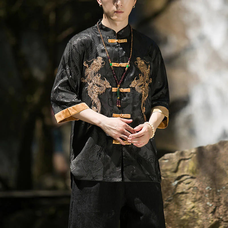 Buddha Stones Embroidered Dragon Pattern Colorblock Design Tang Suit Men's Frog-Button Half Sleeve Shirt