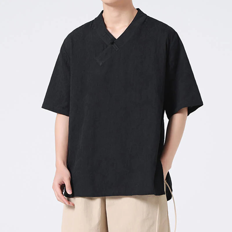 Buddha Stones Ethnic Distressed Jacquard Frog-Button Men's Stand Collar Half Sleeve Cotton Linen Shirt Tai Chi Clothes
