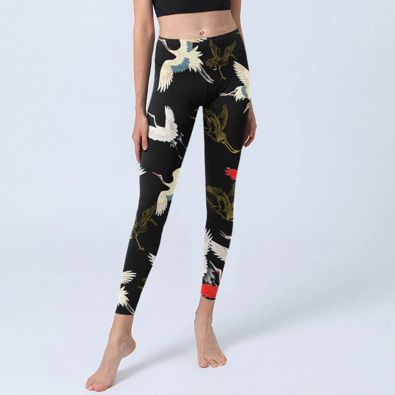 Buddha Stones White Red Gold Cranes Print Gym Leggings Women's Yoga Pants