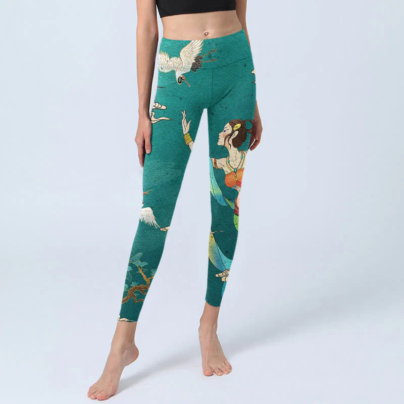 Buddha Stones Elegant Fairy Crane Cloud Pine Tree Pattern Print Gym Leggings Women's Yoga Pants