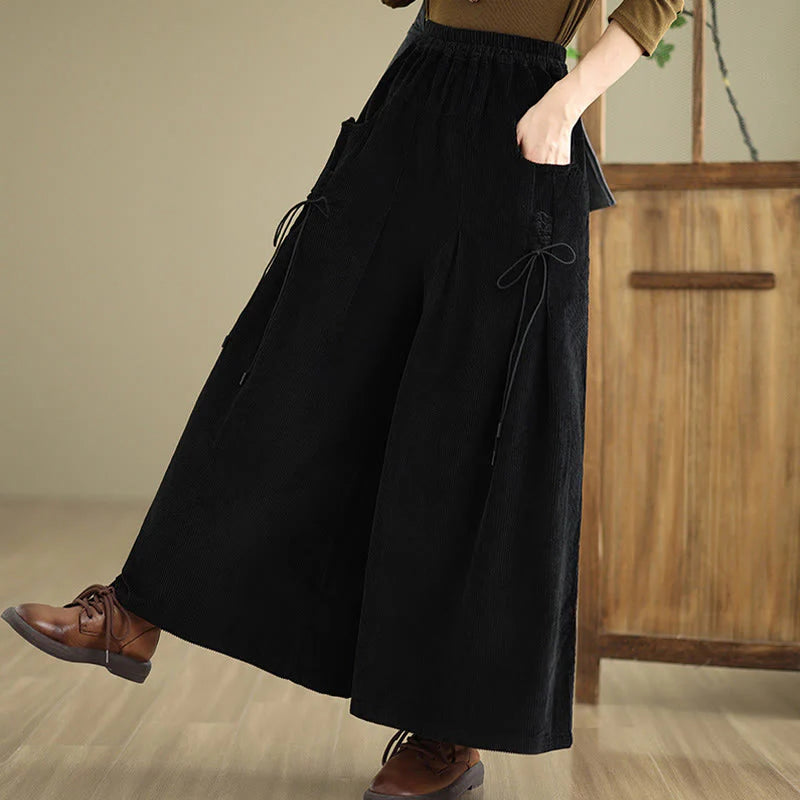 Buddha Stones Women's Pure Color Drawstring Design Wide Leg Corduroy Pants With Pockets