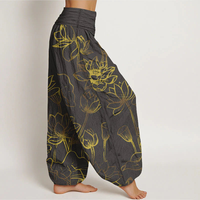 Buddha Stones Print Lotus Flowers Leaves Pattern Women's Elastic Waist Harem Cotton Pants