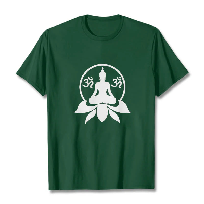 Buddha Stones OM Symbol Sanskrit Mantras Buddha Seated On Lotus Flower Design Tee T-shirt