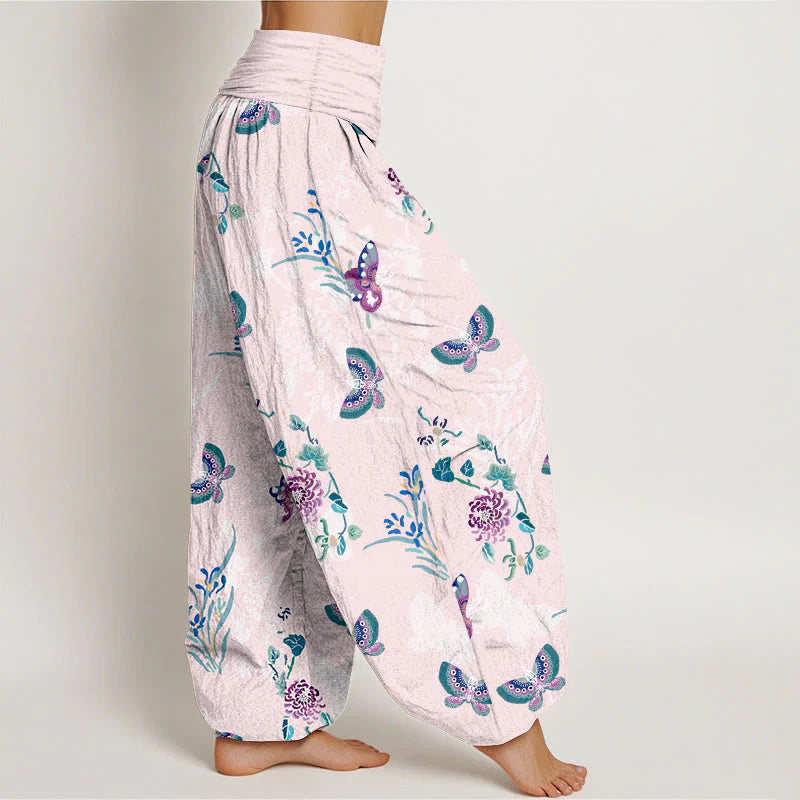 Buddha Stones Pure Cotton Fresh Elegant Butterfly Grass Flower Pattern Women's Elastic Waist Harem Pants