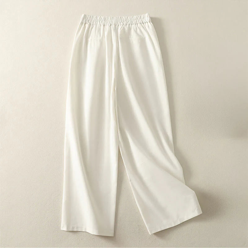 Buddha Stones Women's Embroidery Elastic Waistband Zipper Design Cotton Wide Leg Pants With Pockets