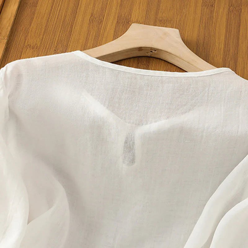 Buddha Stones Casual Floral Embroidery Crew Neck Women's Frog-Button Polyester Half Sleeve Shirt