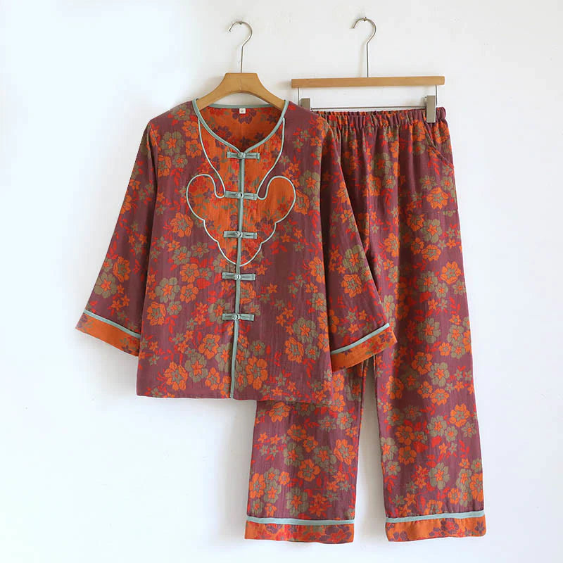 Buddha Stones 2pcs Frog-Button Printed Long Sleeve Cardigan Shirt Pants With Pockets Cotton Set