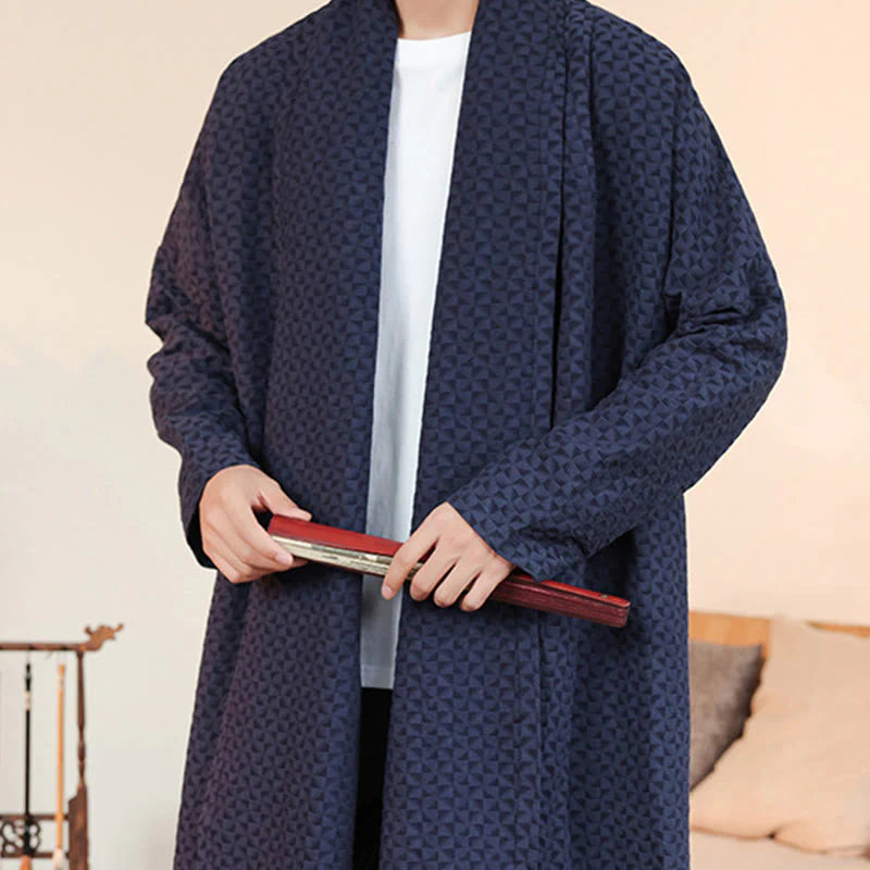 Buddha Stones Winter Jacquard Simple Design Men's Cotton Long Sleeve Kimono