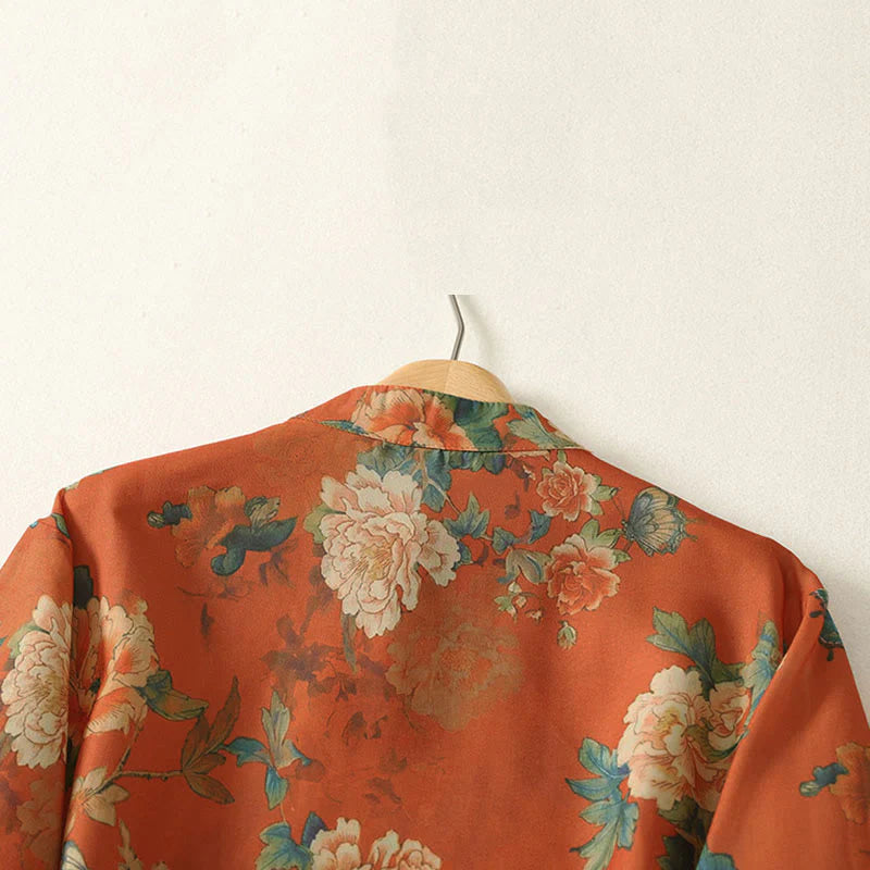 Buddha Stones Stand Collar Frog-Button Floral Print Pattern Short Sleeve Mini Dress