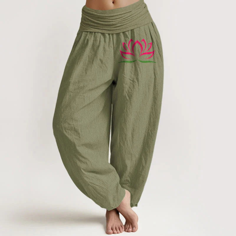 Buddha Stones Simple Design Pink Lotus Pattern Pure Cotton Women's Elastic Waist Harem Pants