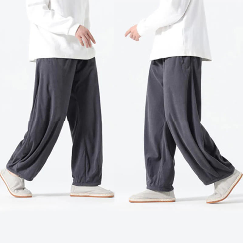 Buddha Stones Spring Pure Color Drawstring Design Corduroy Cotton Men's Harem Pants With Pockets