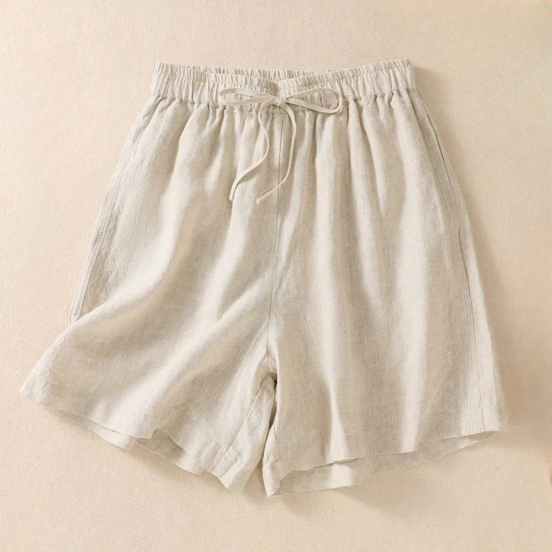 Buddha Stones Casual Floral Embroidery Pattern Drawstring Cotton Linen Women's Shorts With Pockets