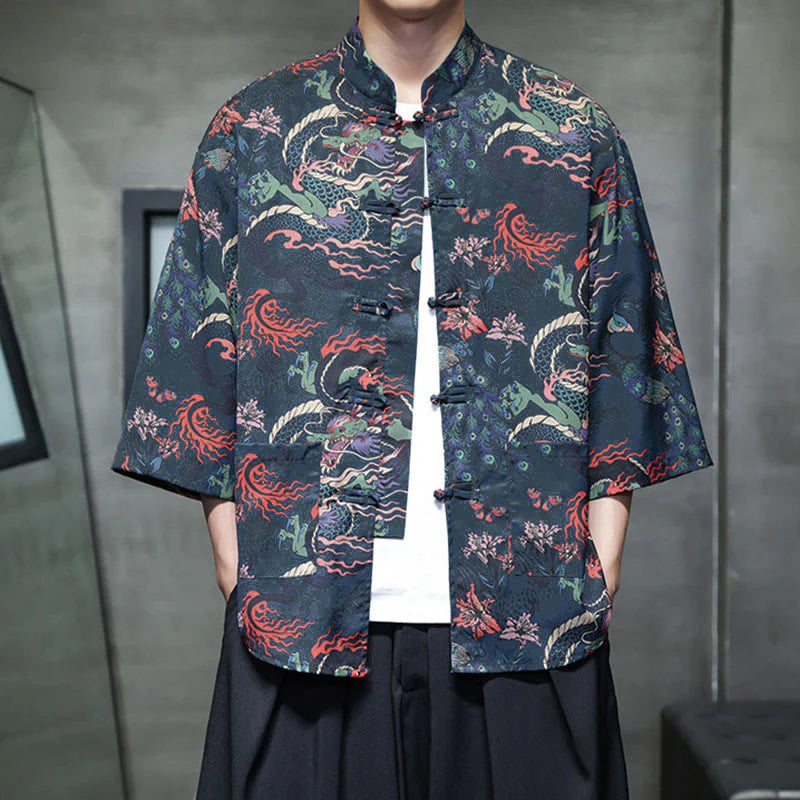 Buddha Stones Spring Frog-Button Dragon Mountain Flower Three Quarter Sleeve Tang Suit Men's Shirt With Pockets