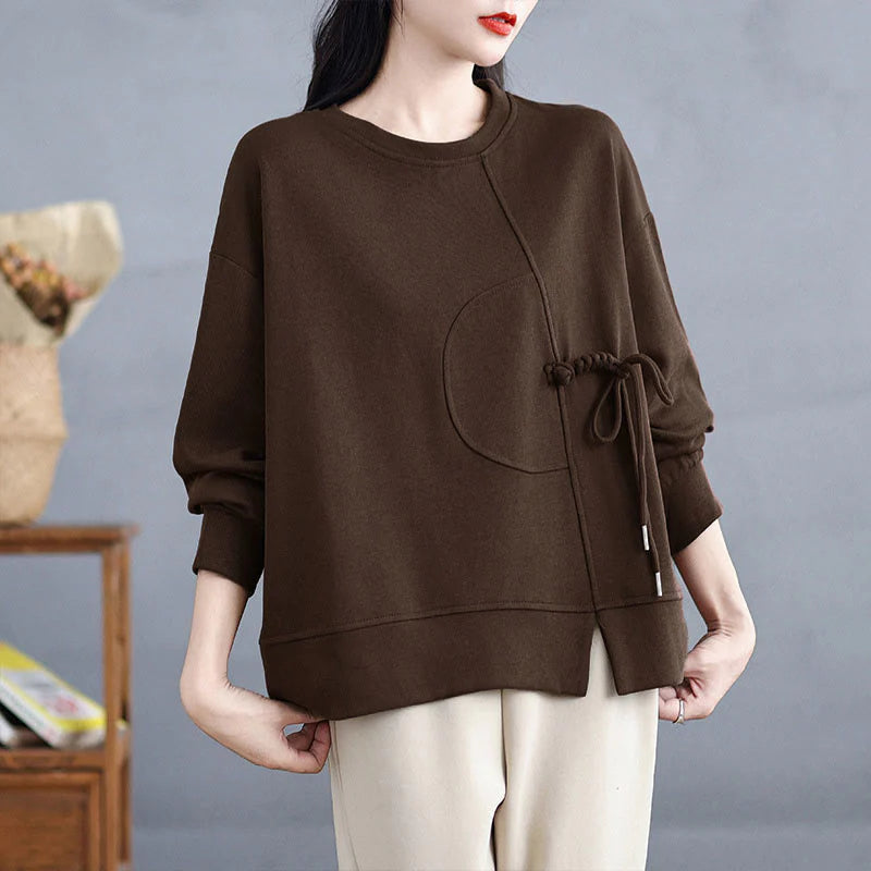 Buddha Stones Plain Frog-button Design Crew Neck Cotton Women's Long Sleeve Sweatshirt