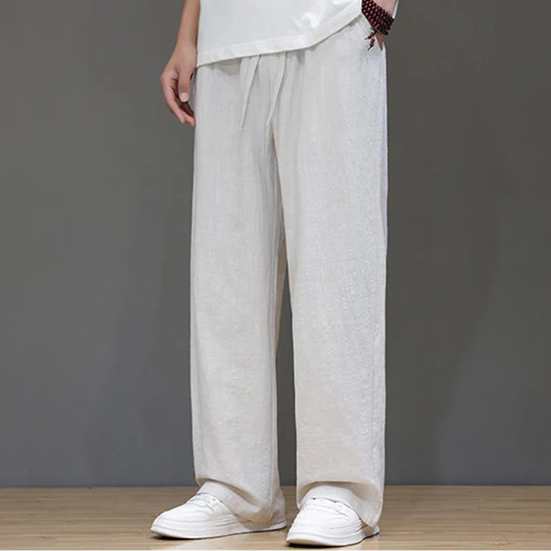Buddha Stones Summer Men's Cotton Linen Straight Leg Pants With Pockets