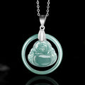 Buddha Stones Natural Jade Round Laughing Buddha Abundance Titanium Steel Chain Necklace Pendant