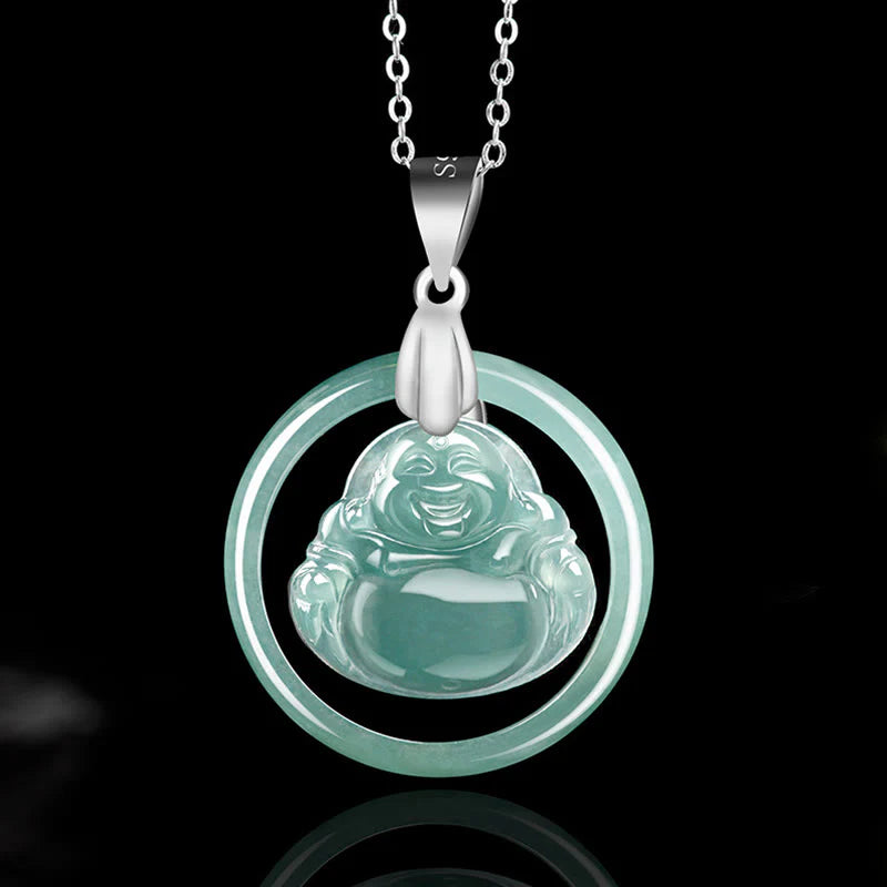 Buddha Stones Natural Jade Round Laughing Buddha Abundance Titanium Steel Chain Necklace Pendant