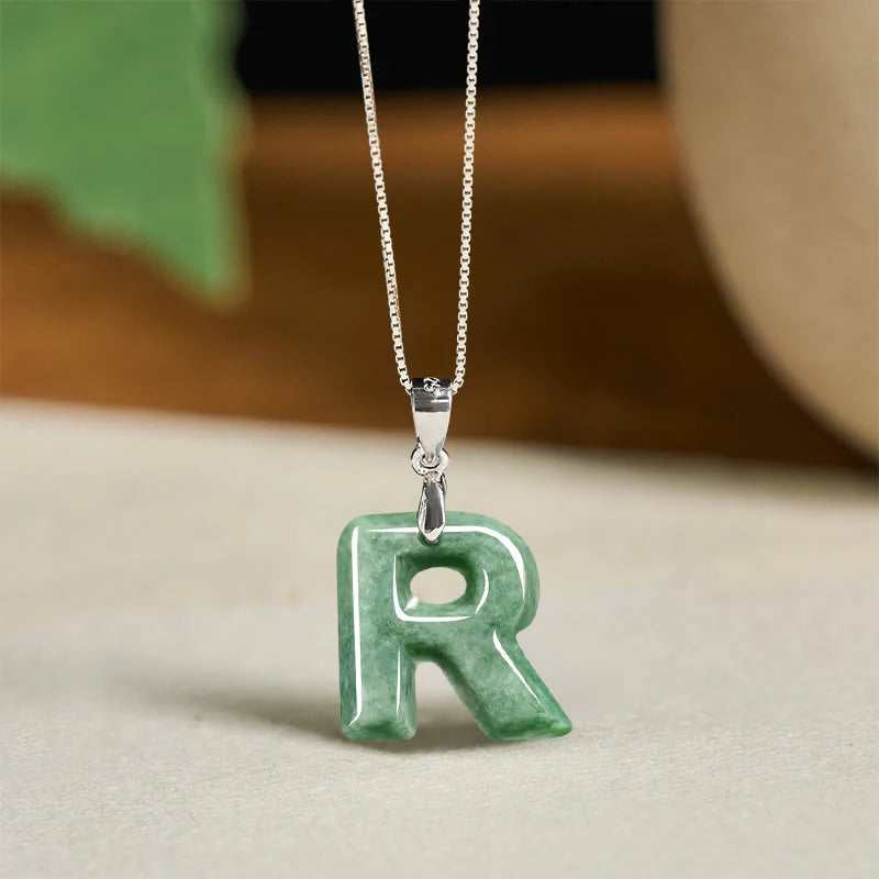 Buddha Stones Natural A-Z Letter Jade 925 Sterling Silver Silm Chain Prosperity Necklace Pendant