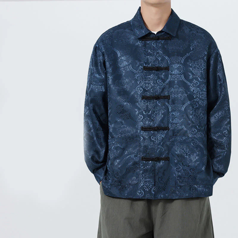 Buddha Stones Spring Jacquard Lapel Long Sleeve Men's Tang Suit Frog-Button Jacket With Pockets