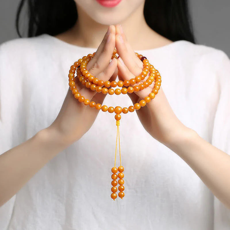 Buddha Stones Tibetan Amber Round Bead Mala