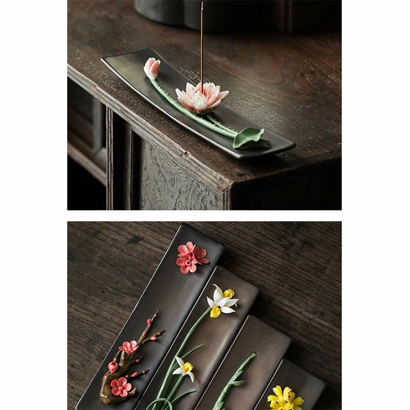 Buddha Stones Lotus Peony Rose Flower Ceramic Spiritual Incense Burner