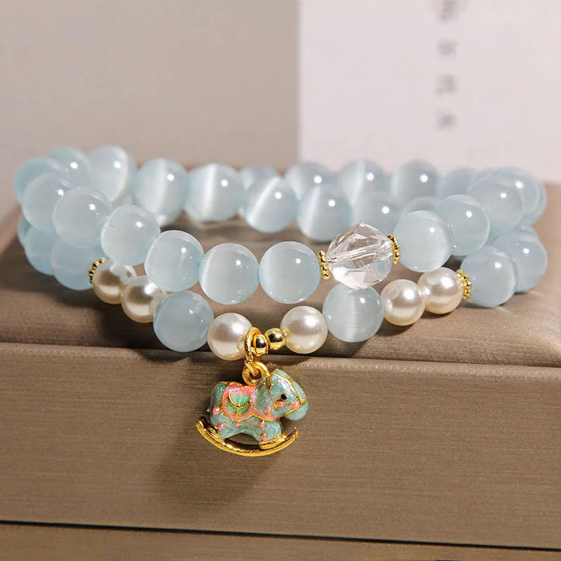 Buddha Stones Blue Cat Eye Trojan Horse Charm Support Double Wrap Bracelet
