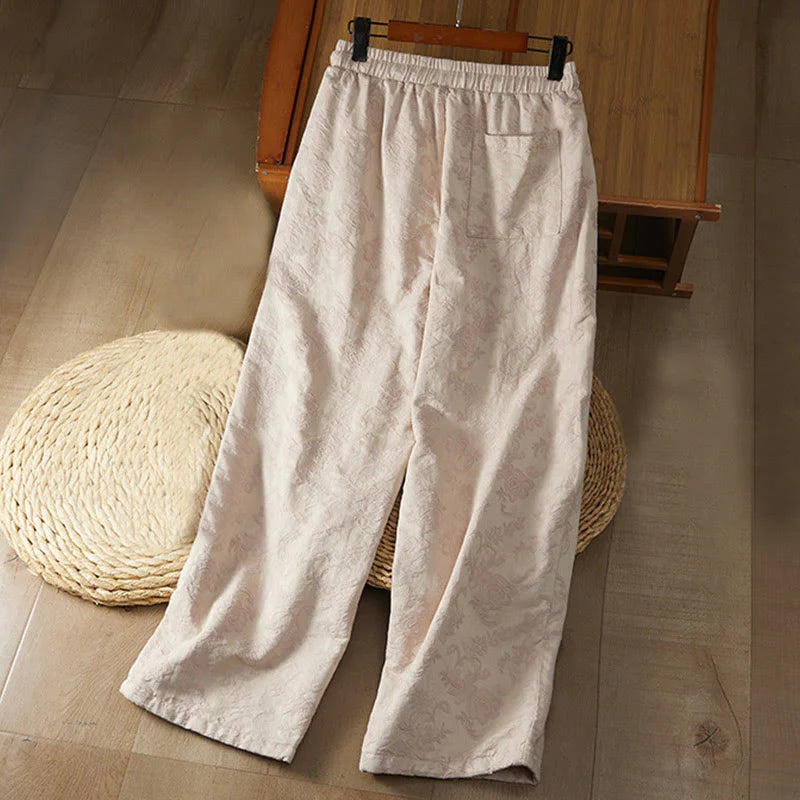 Buddha Stones Winter Thermal Jacquard Floral Pattern Women's Wide Leg Cotton Pants With Pockets