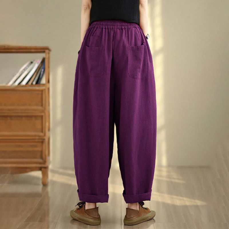 Buddha Stones Women's Fall Plain Color Drawstring Cotton Linen 7-8 Length Pants With Pockets