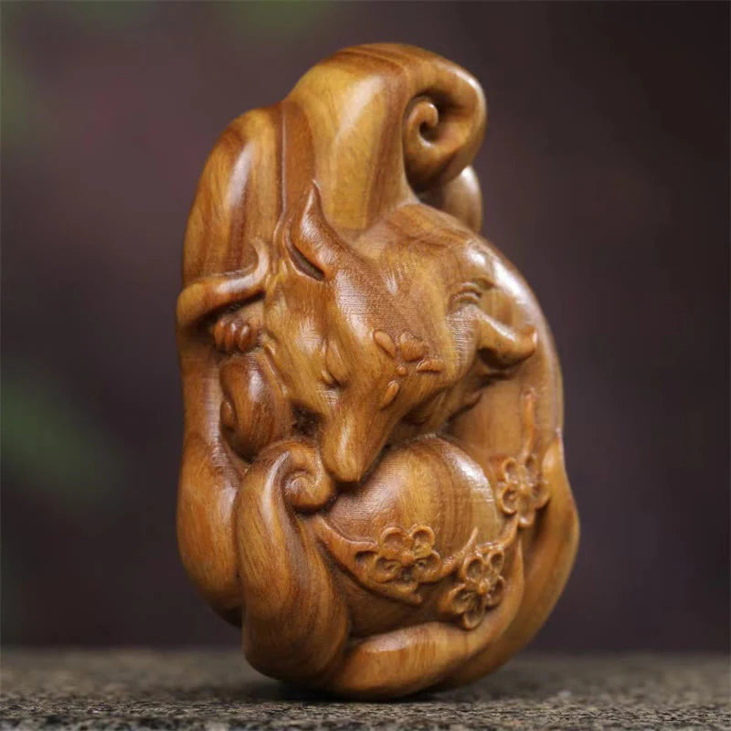 Buddha Stones Mini Nine Tailed Fox Green Sandalwood Peace Decoration Car Hanging Decoration