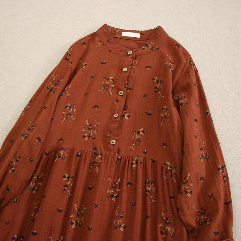 Buddha Stones Spring Small Floral Print Buttons Design Crew Neck Long Sleeve Midi Dress With Pockets