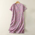 Buddha Stones Summer V-Neck Floral Design Short Sleeve Cotton Midi Dress With Pockets