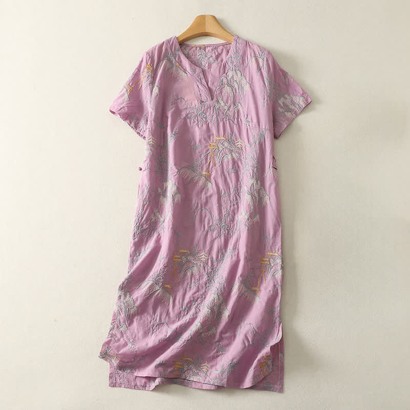 Buddha Stones Summer V-Neck Floral Design Short Sleeve Cotton Midi Dress With Pockets