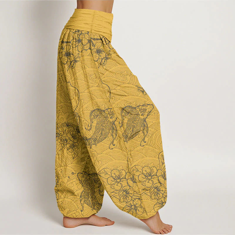 Buddha Stones Pure Cotton Exquisite Koi Fish Flowers Patterns Women's Elastic Waist Harem Pants