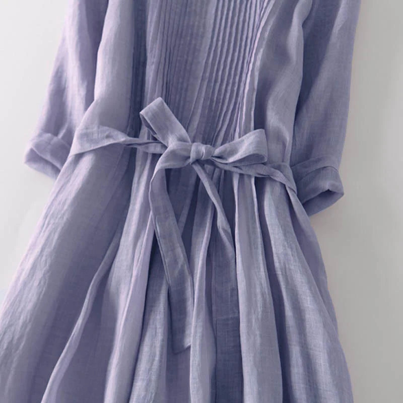 Buddha Stones Casual Lace-up Plain Crew Neck Half Sleeve Midi Dress With Pockets