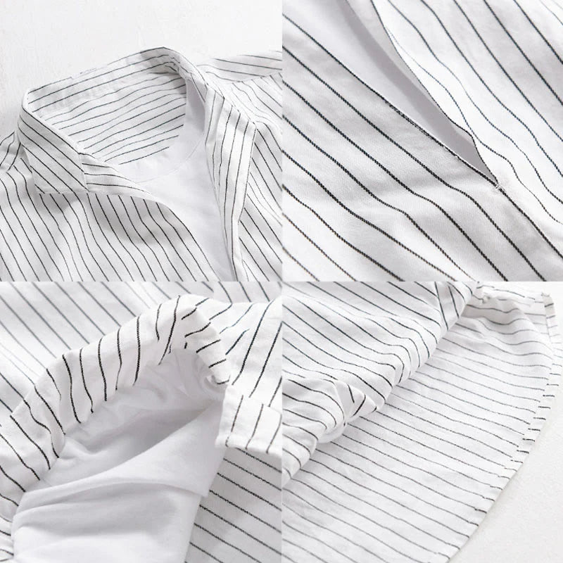 Buddha Stones Fall 2 In 1 Stripes Stand Collar Long Sleeve Men's Cotton Shirt