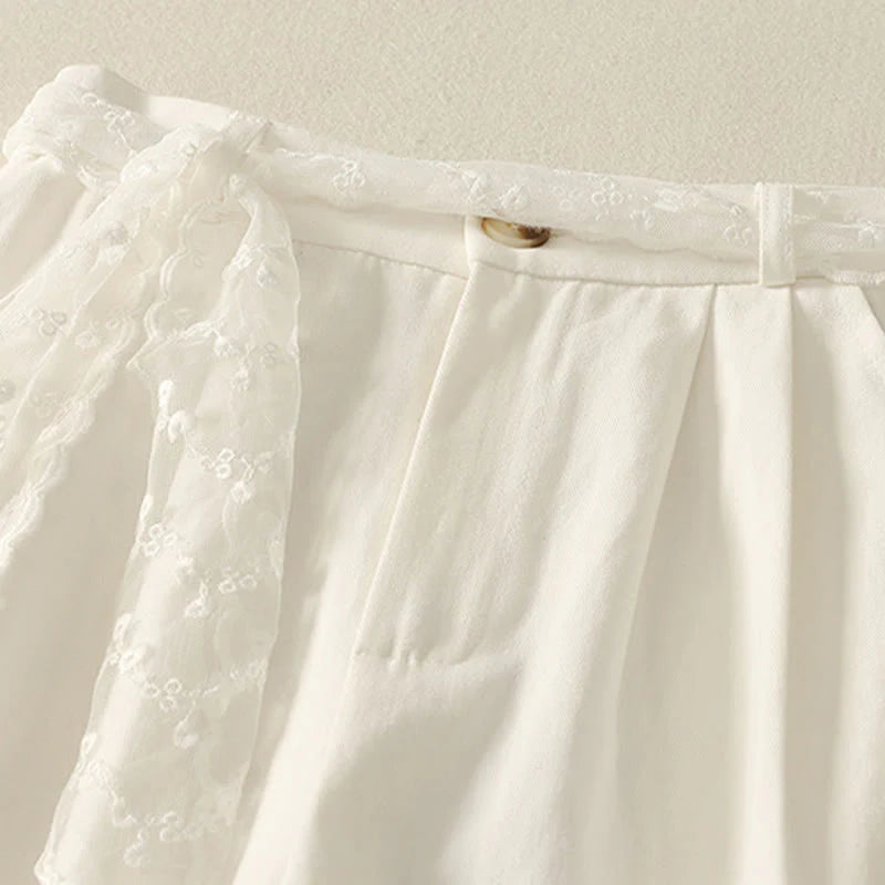 Buddha Stones Daily Solid Color Lace Belt Women's Wide Leg Cotton Pants With Pockets