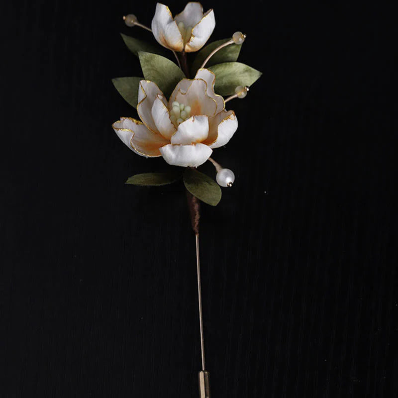 Buddha Stones Handcrafted Silk Art Golden Peony Flower Good Fortune Brooch