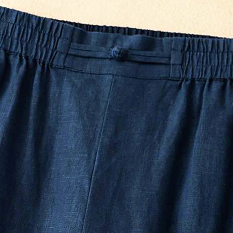 Buddha Stones Daily Solid Color Elastic Waistband Frog-Button Cotton Women's Wide Leg Pants With Pockets