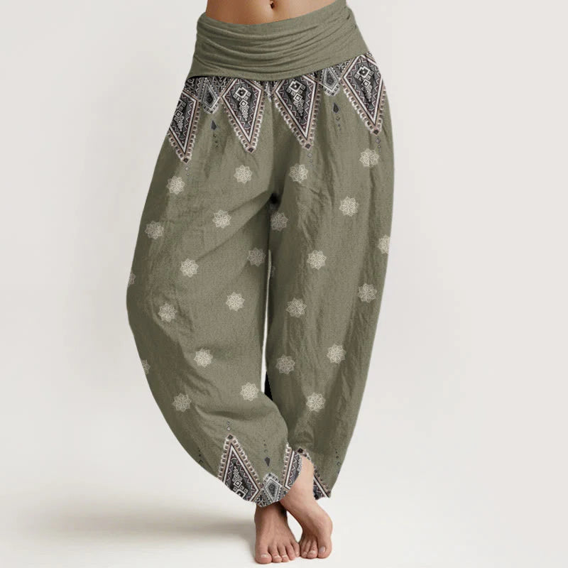 Buddha Stones Cotton Bohemian Geometric Floral Design Women's Elastic Waist Harem Pants