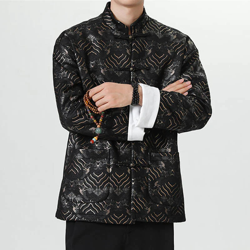 Buddha Stones Frog-Button Chinese Tang Suit Wave Shape Long Shirt Men Jacket Clothing (Extra 30% Off | USE CODE: FS30)