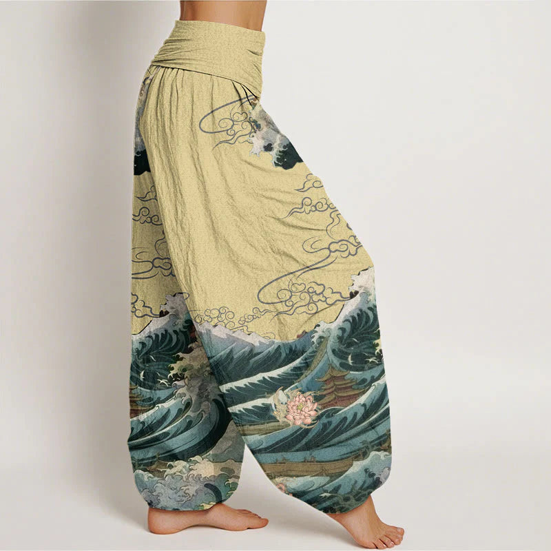 Buddha Stones Cotton Casual Blooming Lotuse Wave Pavilion Pattern Women's Elastic Waist Harem Pants