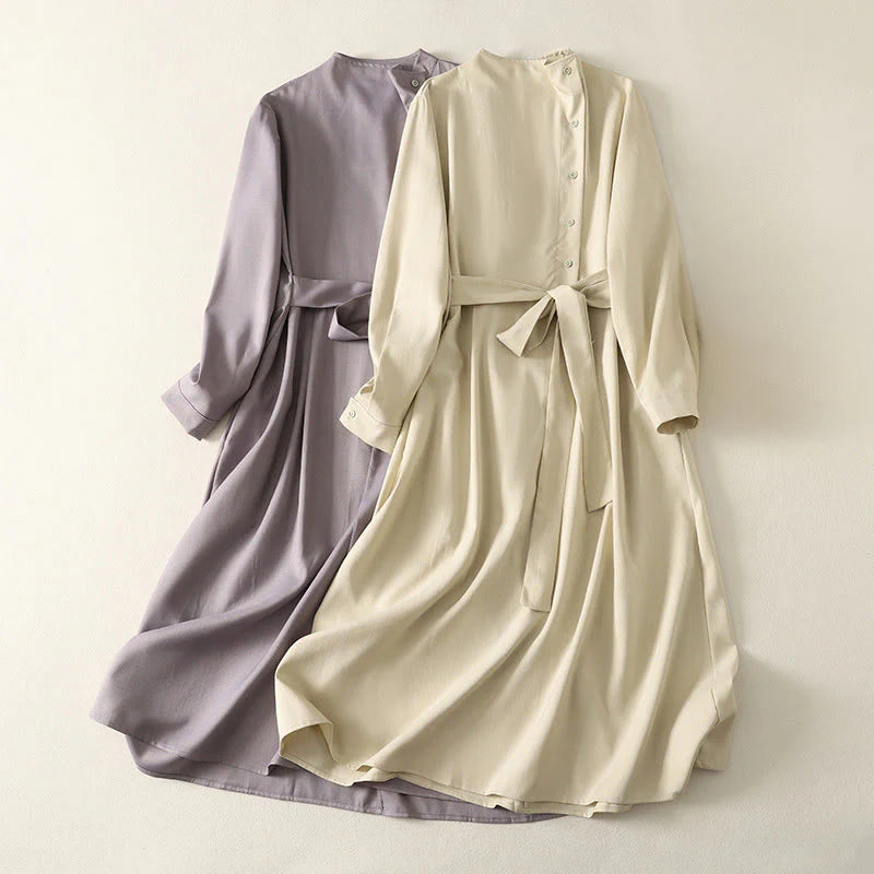 Buddha Stones Plain Lace-up Long Sleeve Half Buttons Design High Neck Women's Cotton Midi Dress With Pockets