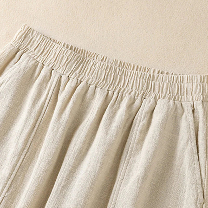 Buddha Stones Plain Simple Design High Waist Women's Cotton Linen Harem Pants With Pockets