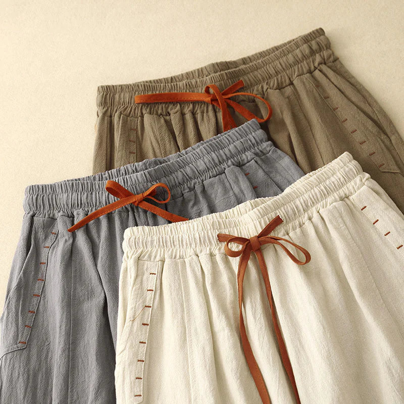Buddha Stones Casual Side Slits Design Cotton Women's Wide Leg 7-8 Length Pants With Pockets