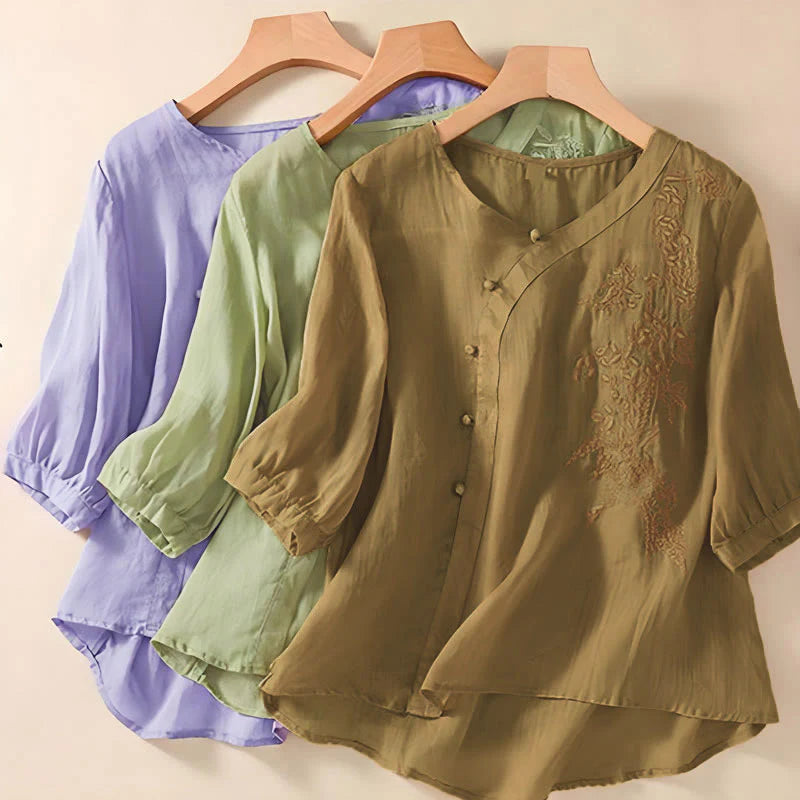 Buddha Stones Casual Loose Flower Embroidery Frog Button Short Sleeve Women's Shirt