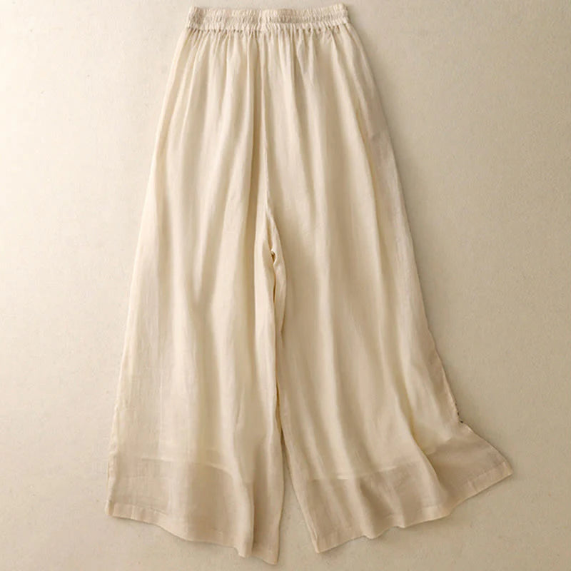 Buddha Stones Commute Solid Color Embroidery Drawstring Women's Wide Leg Ankle-Length Cotton Pants With Pockets