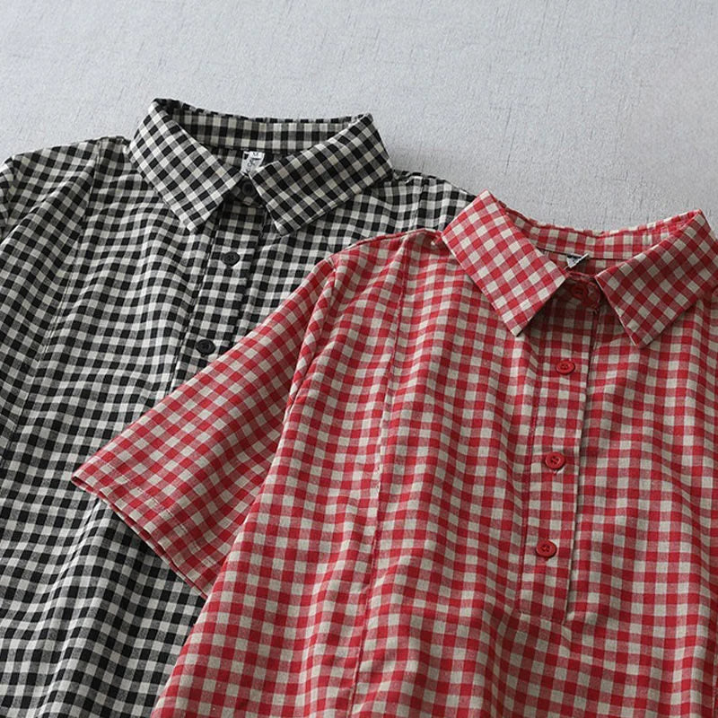Buddha Stones Casual Vintage Plaid Pattern Lapel Short Sleeve Cotton Midi Dress With Pockets