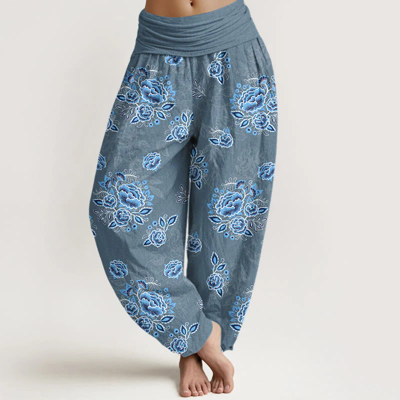 Buddha Stones Pure Cotton Blue Flower Pattern Women's Elastic Waist Harem Pants