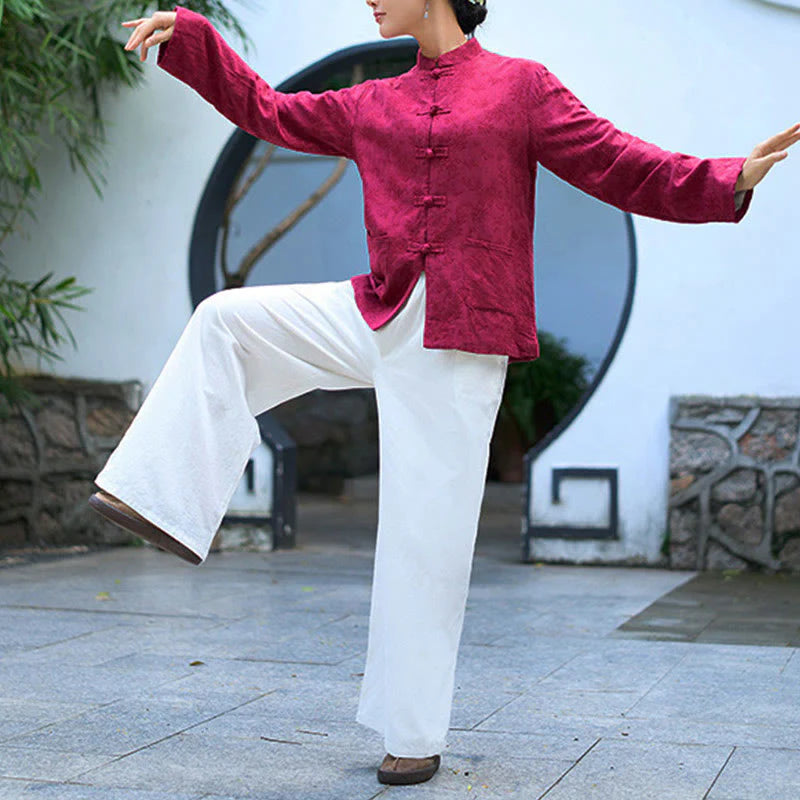 Buddha Stones Frog-Button Long Sleeve Cotton Jacquard Women's Shirt Pants With Pockets