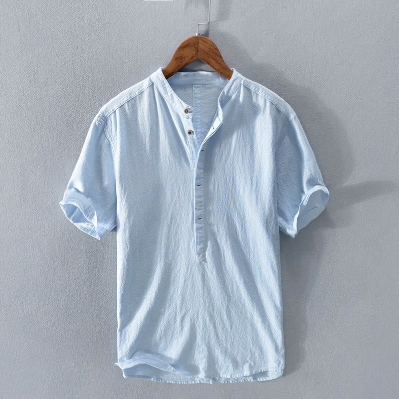 Buddha Stones Solid Color Short Sleeve Half Button Shirt Cotton Men Clothing